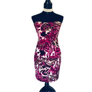 🌸 Stretchy Strapless Bodycon Dress – Animal Print Fuchsia & Brown – Sz S – NWT